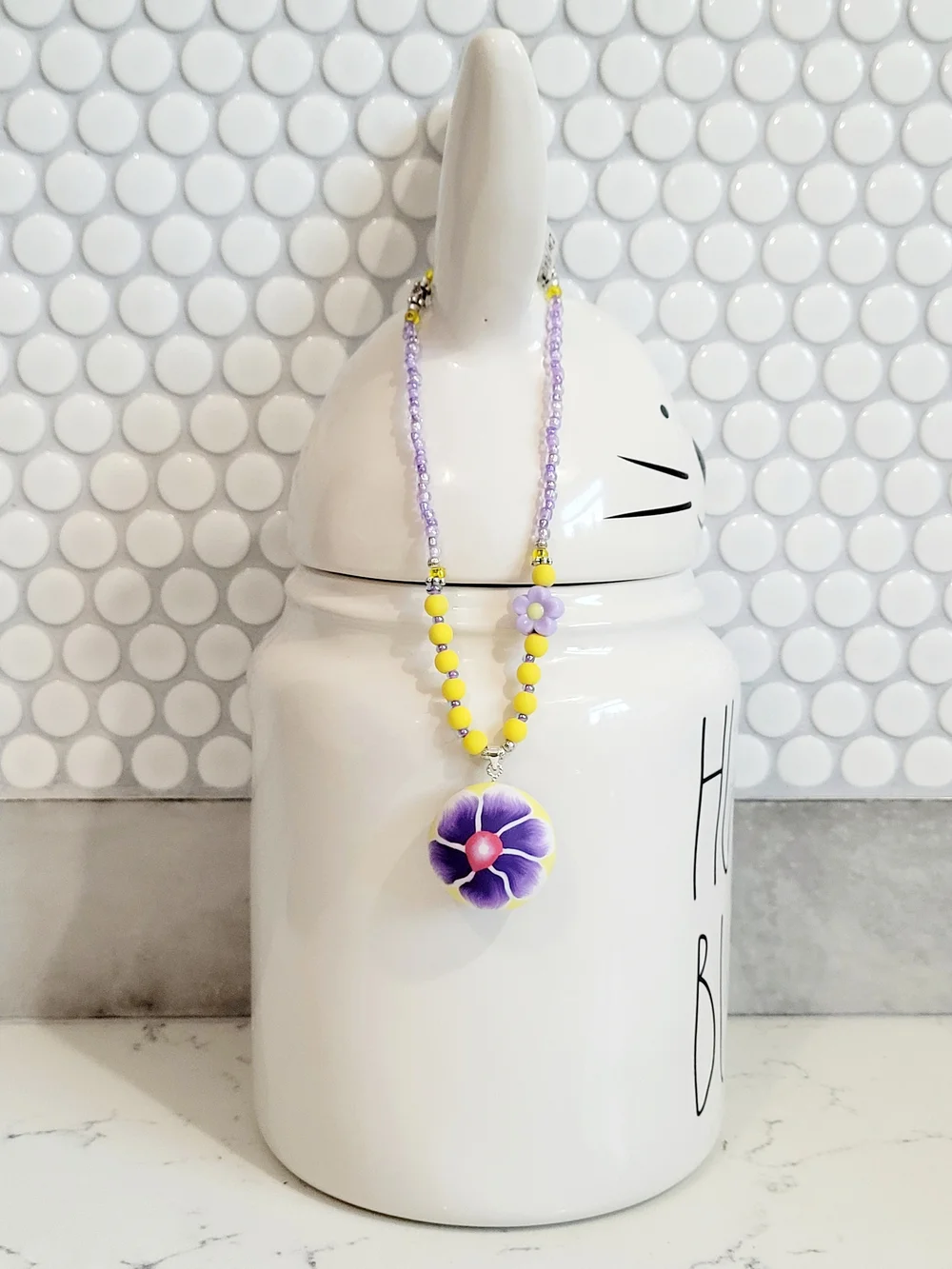 Hand Crafted Kids' Yellow and Purple Polymer Clay Flower Pendant Necklace - Picture 5 of 6